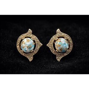 Vintage Coventry Turquoise Gold Tone Clip Earrings Mid Century